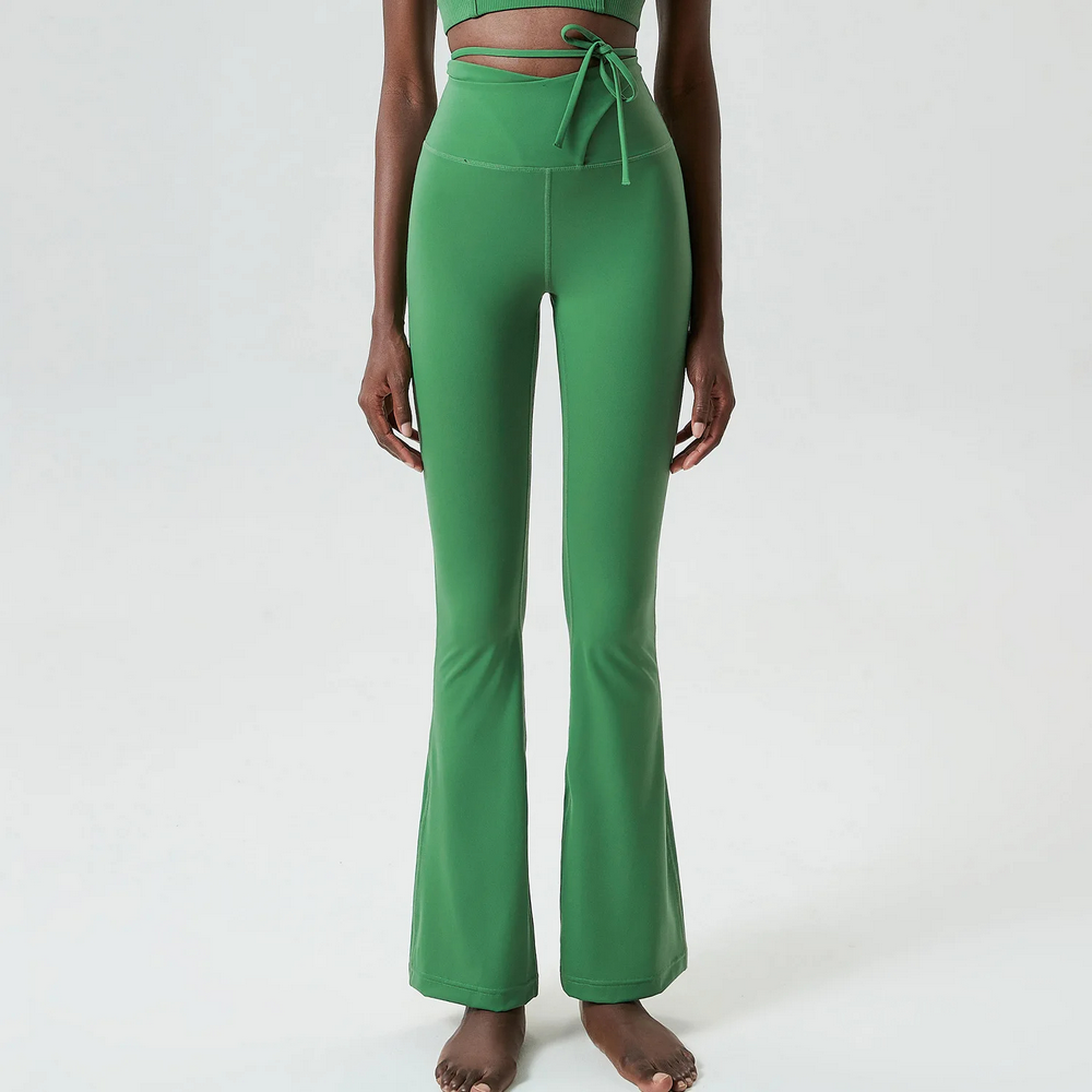 Emerald green flare yoga pants with tie-up waist detail, stylish and breathable fitness sportswear SF2093 for fashion lovers